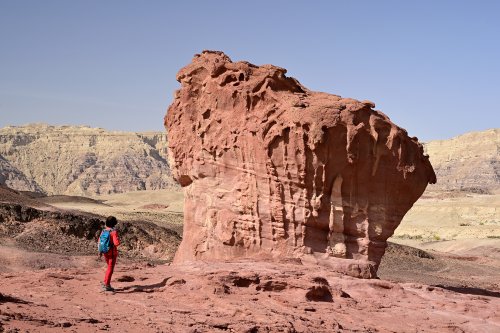 Parc national de Timna (Israël) - Observation point : champignon de grès rouge sculpté par l'érosion avec personnage devant(VO-23-0323)