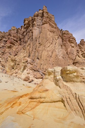Parc national de Timna (Israël) - Grès jaunes avec falaise rouge en fond (VO-23-0361)