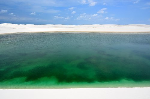 Lençois de Maranhenses (Maranhao, Brésil) - Lagoa Bonita : lac d'eau verte au milieu de dunes de sable blanc (nuances de vert) (VO-23-1221)
