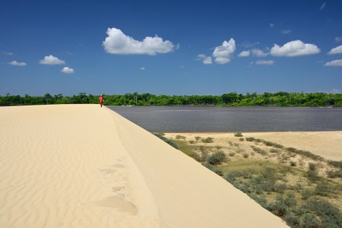 Lençois de Maranhenses (Maranhao, Brésil) - Personnage sur dune de sable jaune avec Rio Preguiças en arrière plan (VO-23-1402)
