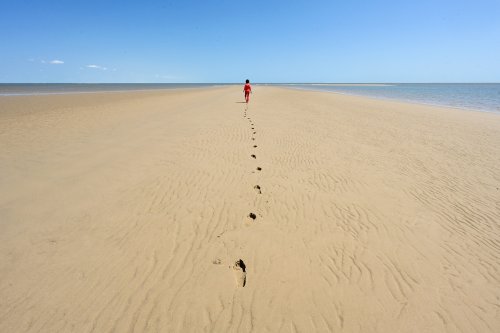 Delta de Paranaiba (Maranhao, Brésil) - Personnage avec traces de pas sur une plage  de sable (VO-23-1456)
