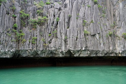 Baie de Lan Ha (Vietnam) -  Gros plan sur une falaise avec calcaires corrodés surplombant l'eau verte de la baie (VO-25-0507)