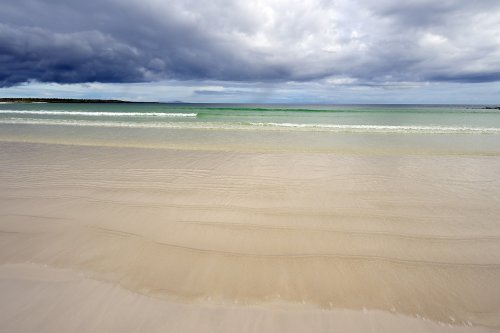 Tortuga Bay (Santa Cruz, Galapagos, Equateur) - Plage de sable, eau verte et ciel nuageux(VO-26-0019)