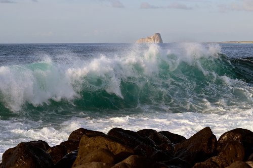Lobos island (San Cristobal, Galapagos, Equateur) - Vague déferlant sur la côte rocheuse(VO-26-0115)