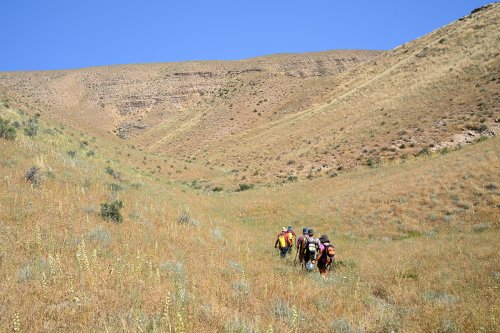 Région du Köytendag (Turkménistan) - Groupe de spéléos allant prospecter dans le canyon de Gugurtli.(VO-26-1118)