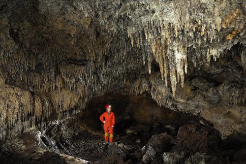 Hawaï (USA) - Tube de lave - Manu Nui - Plafond avec stalactites de lave dans une salle(sp-08-0243)