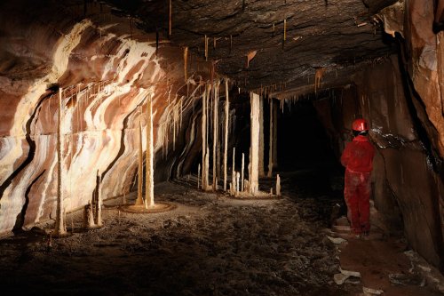Ogof Ffynnon Ddu (Penwyllt, South Wales) - Colonnes fines dans galerie (personnage à droite)(SP 11-0283)