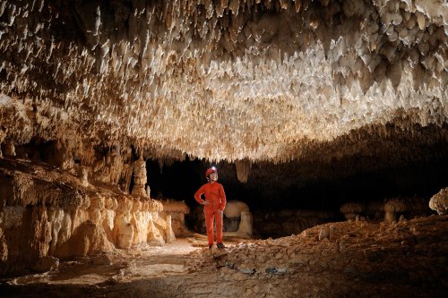 Cueva de Santa Catalina (Expédition Cuba 2012 - Team La Salle). Spéléo dans galerie concrétionnée.(SP-12-0082)