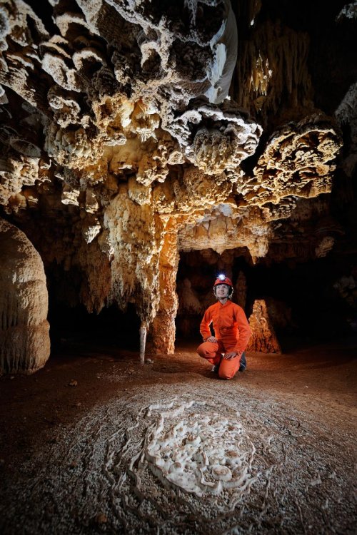 Cueva de Santa Catalina Expédition Cuba 2012 - Team La Salle. Galerie avec concrétions au plafond en forme de cloches. Spéléo accroupie en fond. (SP-12-0090)