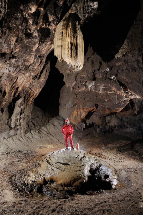 Predjama (Slovénie) - Spéléo perché sur dôme de calcite au dessous méduse(SP-12-0378)