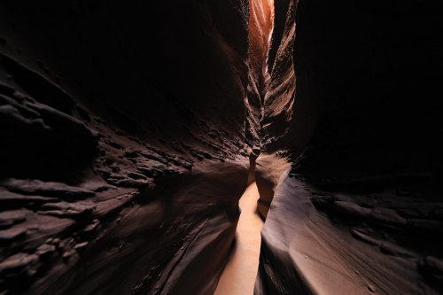 Parc d'Escalante (Utah). Zebra Canyon. Parois sombres et sol de sable clair.(VOY 09-1078)