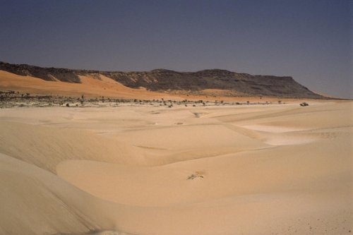Désert de Mauritanie. Dunes de sable clair avec falaises sombres en fond.(VOY 02621)