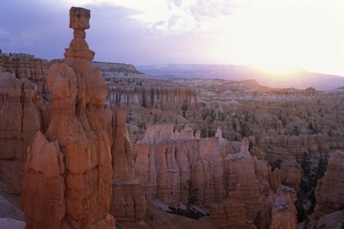 Bryce Canyon (Utah). Sunset point: monolithe au lever du soleil.(V 05627)