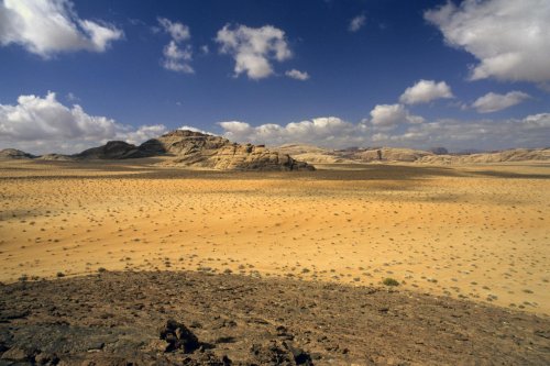 Jeu de lumière sur les vastes étendues de sable dans le désert du Wadi Rum.(VOY 06506)