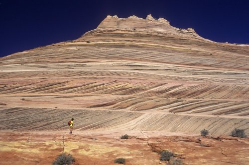 Paria Canyon (Utah). Coyote Butte. Montagne de grès rose strié avec personnage.(V 09537)