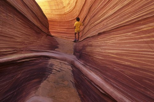Paria Canyon (Utah). The Waves. Détail de strates colorées avec personnage.(V 09612)