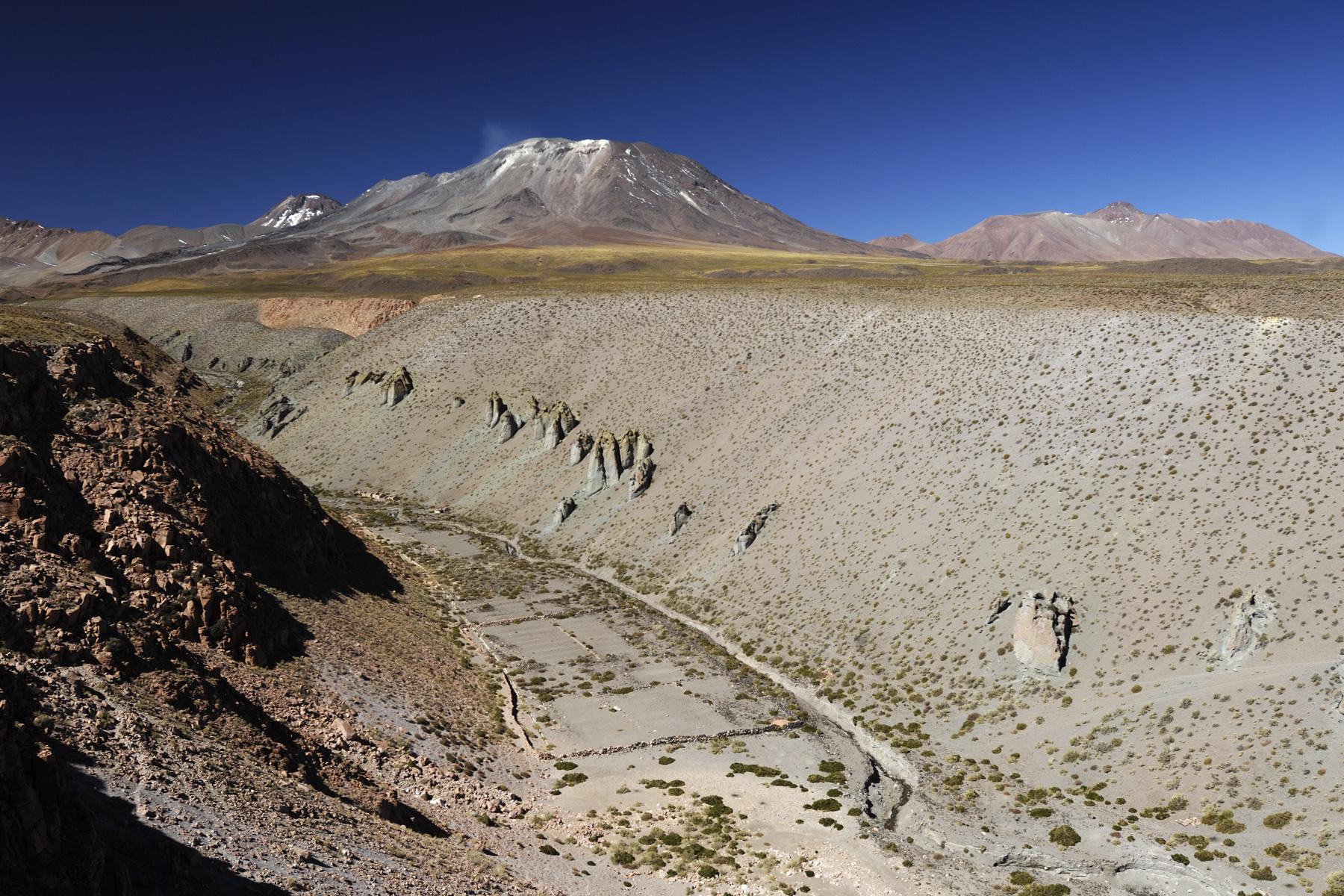 Chili. Altiplano. Vallée au dessus de l'ancien village de Talabre. Volcan Lascar en fond.