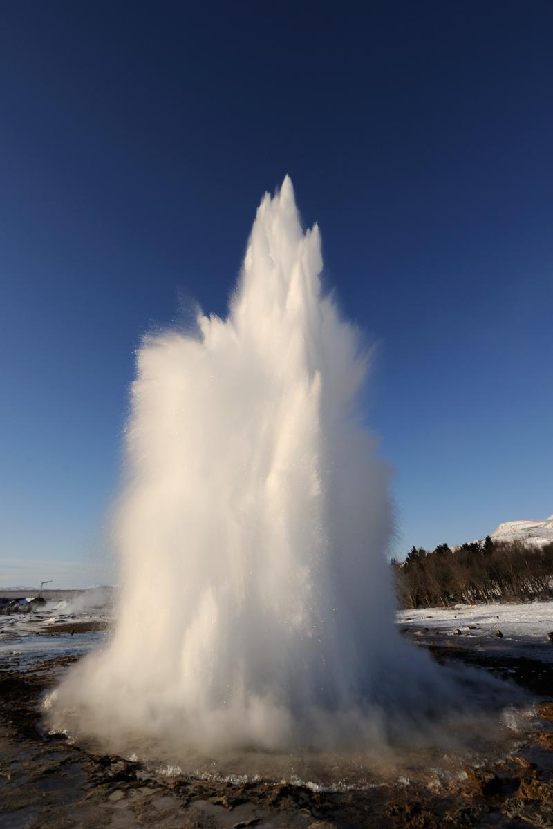 Islande - Geysir : geyser Strokkur avec panache vertical à contre jour (lever du soleil)