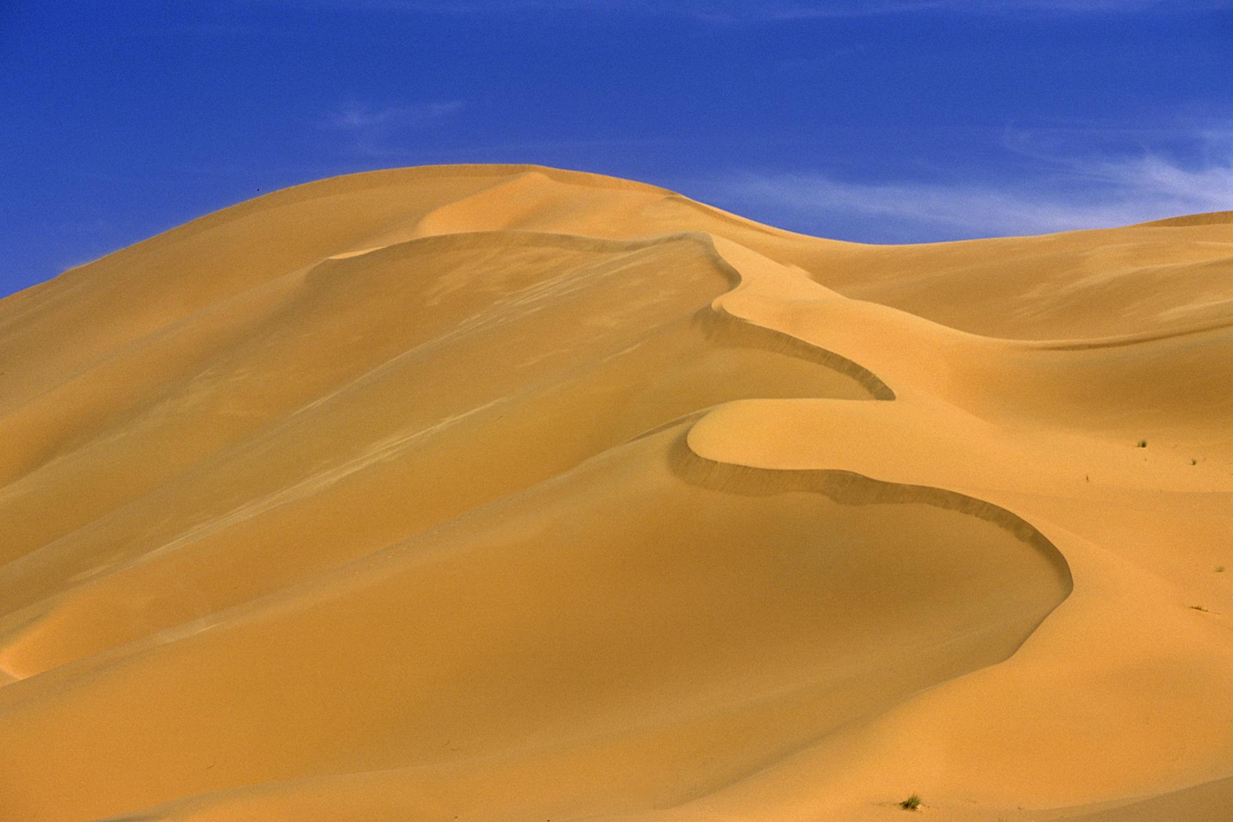 Grande dune de sable orangé avec crête ondulée dans l'Erg Oubari au sud de Gadamès. (Lybie)