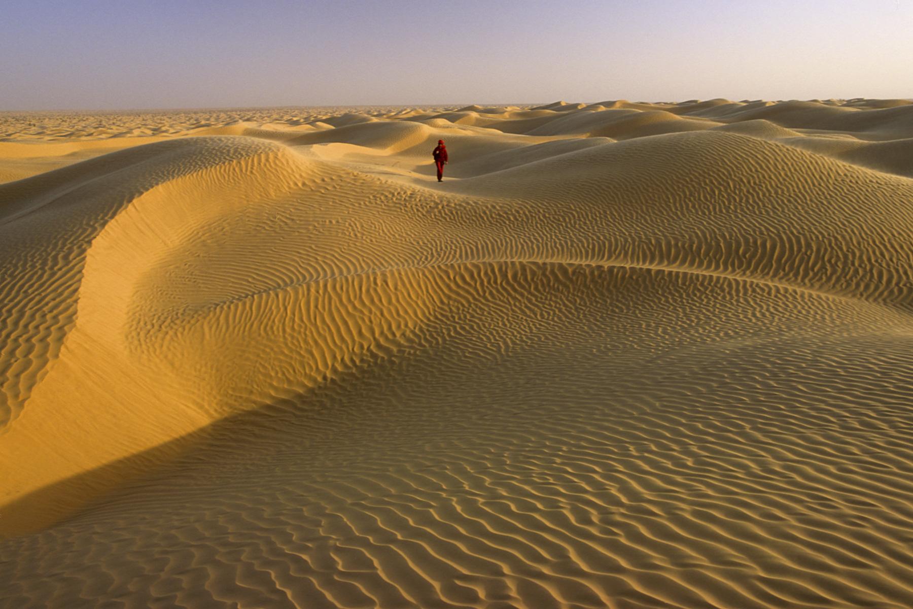 Sud Tunisien. Près de Ksar Ghilane. Coucher de soleil dans les dunes avec personnage marchant dans le fond.
